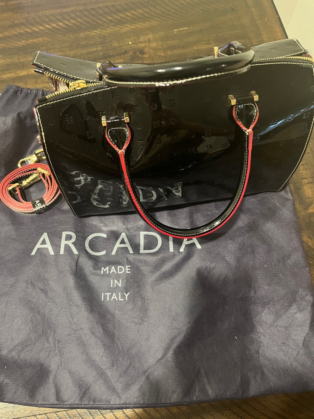 Arcadia Black Patent Satchel with Red-Trim Handles